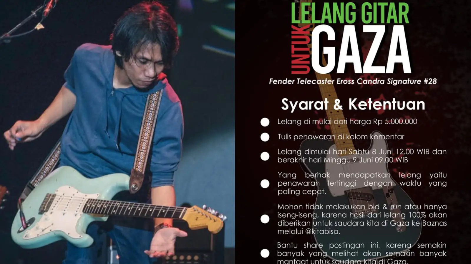 Sumbang Palestina, Eross Candra Rela Lelang Gitar Pribadinya