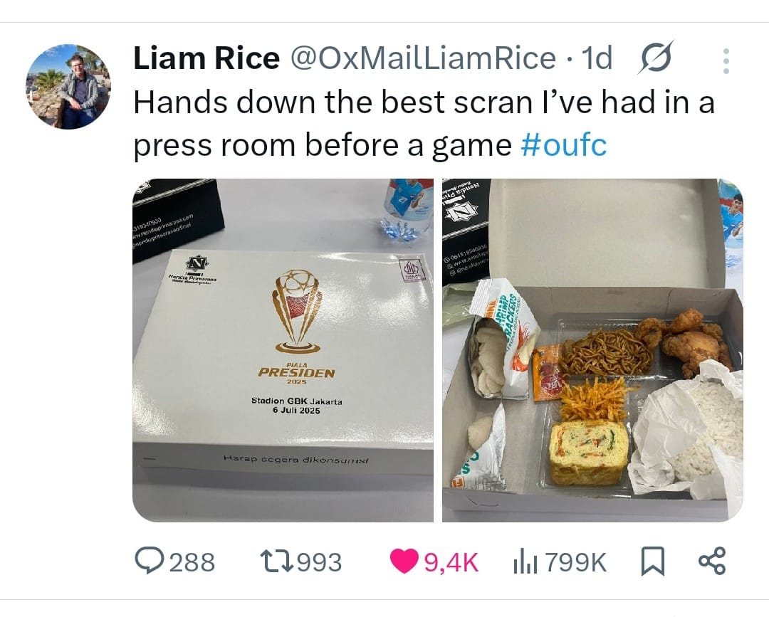 Liam Rice, Peliput Oxford United di Piala Presiden, Viralkan Nasi Kotak Nendia Primarasa lewat Akun X